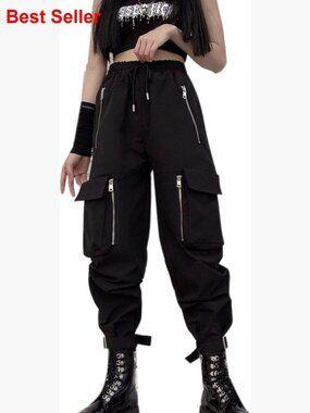 Loose Cargo Pants with Multi-Pocket Multi-Zip Punk Goth Style
